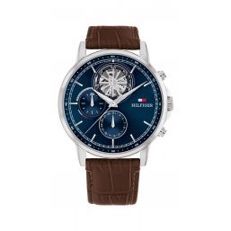 TOMMY HILFIGER STEWART 44MM QUARTZ NAVY DIAL DARK BROWN LEATHER STRAP 1710629