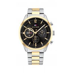 TOMMY HILFIGER MATTHEW 44MM QUARTZ BLACK DIAL TWO TONE YELLOW GOLD TONE STAINLESS STEEL BRACELET 1791944