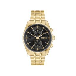 HUGO BOSS SKYTRAVELLER 44MM Quartz BLACK SUNRAY DIAL IONIC PLATED THIN GOLD STEEL BRACELET 1514152